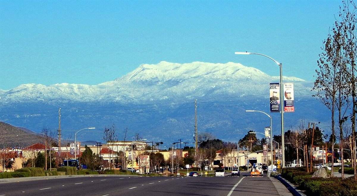 View of snow-capped Mt. San Jacinto from Newport Road in Menifee, California
