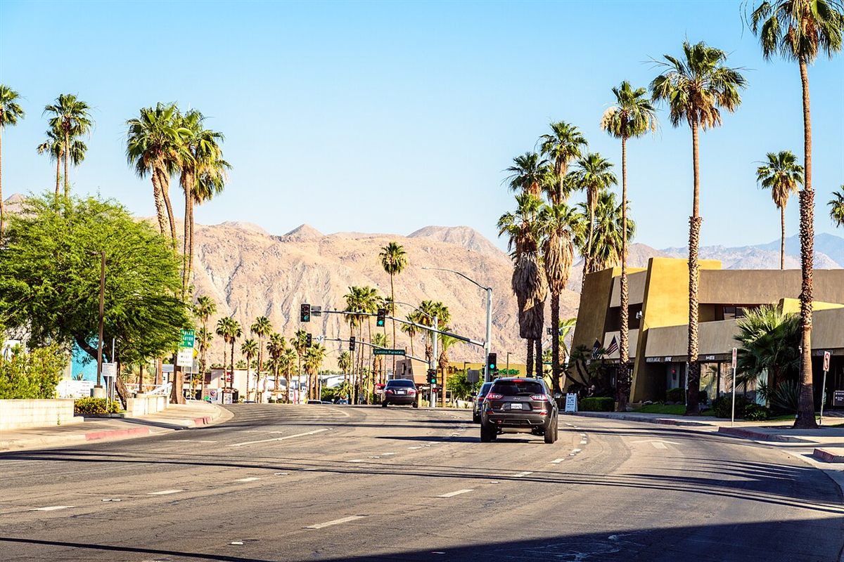 Palm Canyon Drive in Palm Springs with palm trees lining the boulevard and the San Jacinto Mountains behind