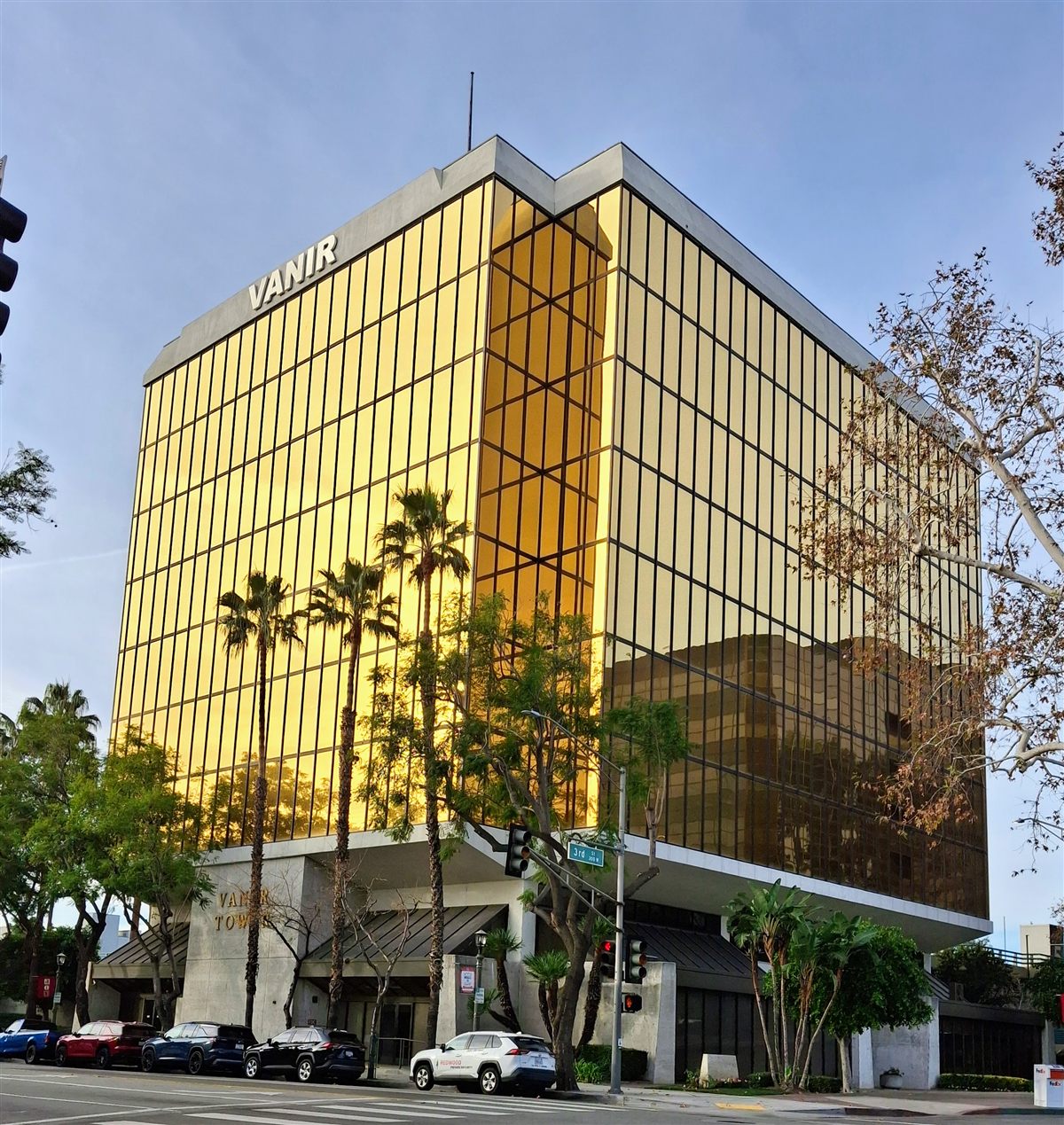 Vanir Tower with golden glass facade, downtown San Bernardino California